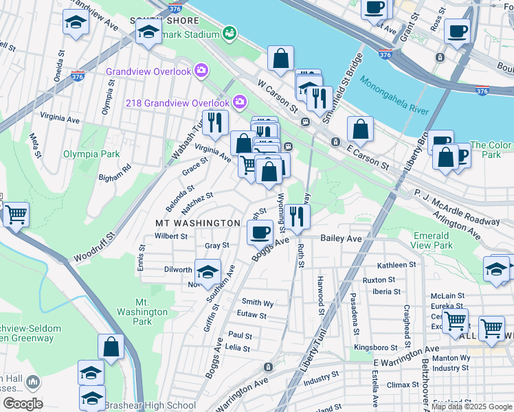 map of restaurants, bars, coffee shops, grocery stores, and more near 65 Southern Avenue in Pittsburgh