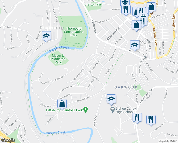 map of restaurants, bars, coffee shops, grocery stores, and more near 156 South Linwood Avenue in Pittsburgh