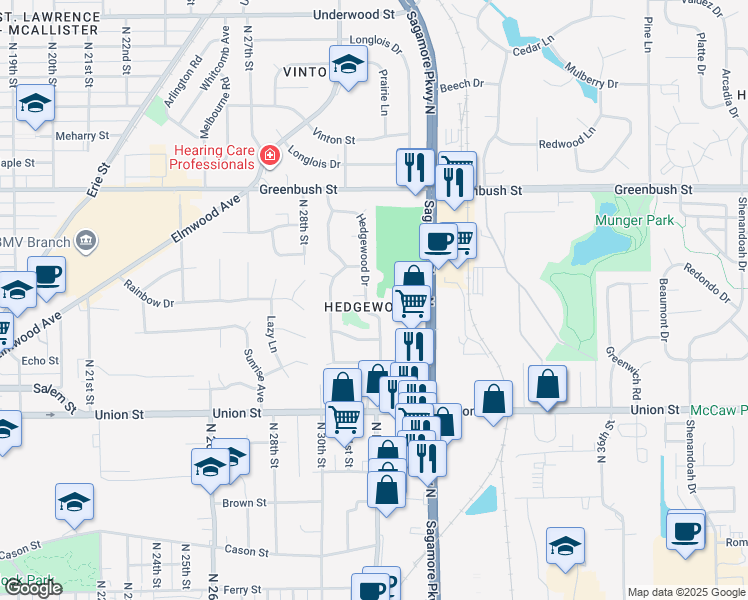 map of restaurants, bars, coffee shops, grocery stores, and more near 1110 Hedgewood Drive in Lafayette