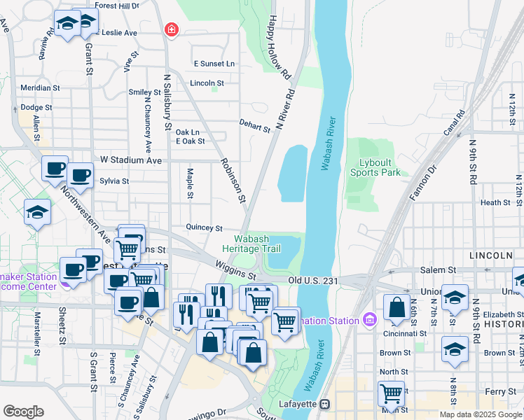 map of restaurants, bars, coffee shops, grocery stores, and more near 400 North River Road in West Lafayette