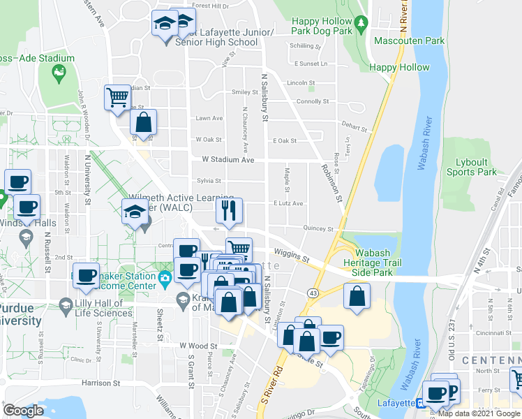 map of restaurants, bars, coffee shops, grocery stores, and more near 404 North Salisbury Street in West Lafayette
