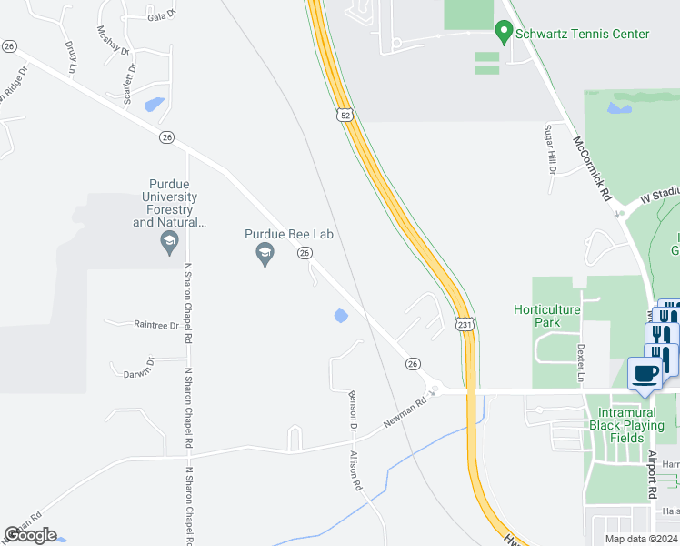 map of restaurants, bars, coffee shops, grocery stores, and more near 2175 Indiana 26 in West Lafayette