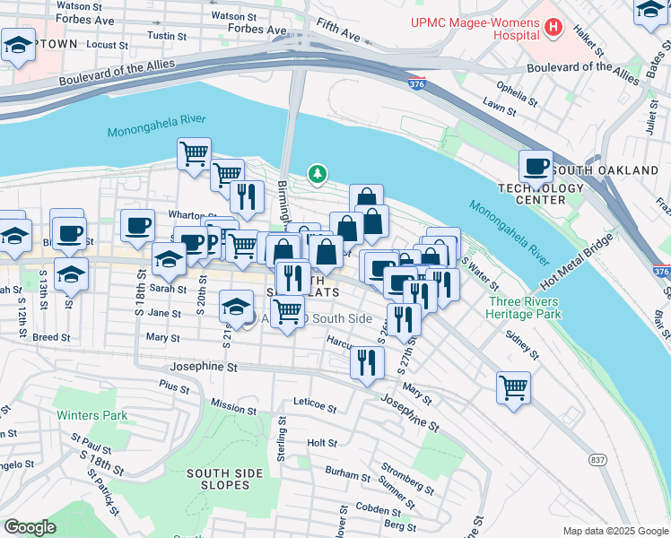 map of restaurants, bars, coffee shops, grocery stores, and more near 2325 East Carson Street in Pittsburgh
