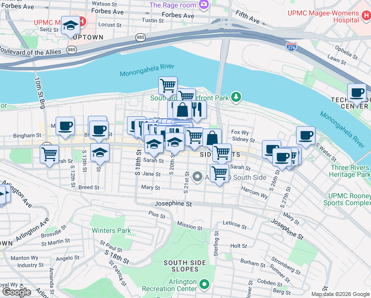map of restaurants, bars, coffee shops, grocery stores, and more near in Pittsburgh