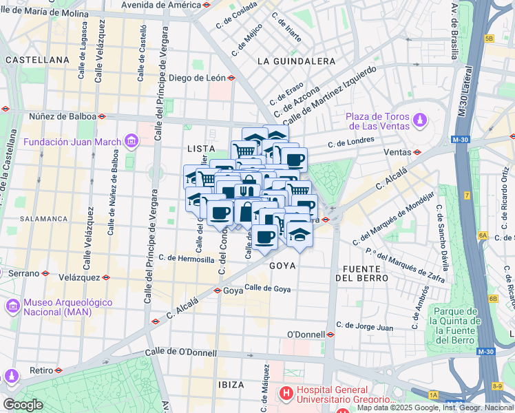 map of restaurants, bars, coffee shops, grocery stores, and more near 84 Calle de Don Ramón de la Cruz in Madrid