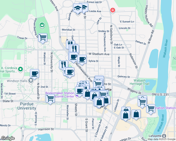 map of restaurants, bars, coffee shops, grocery stores, and more near 428 North Grant Street in West Lafayette