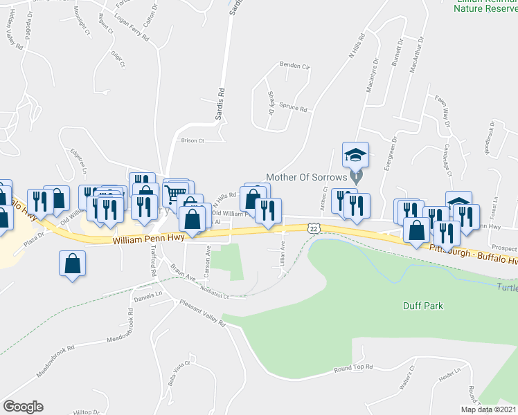 map of restaurants, bars, coffee shops, grocery stores, and more near 4036 Old William Penn Highway in Murrysville