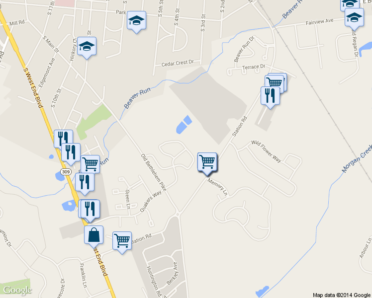 map of restaurants, bars, coffee shops, grocery stores, and more near 1324 Quakers Way in Quakertown