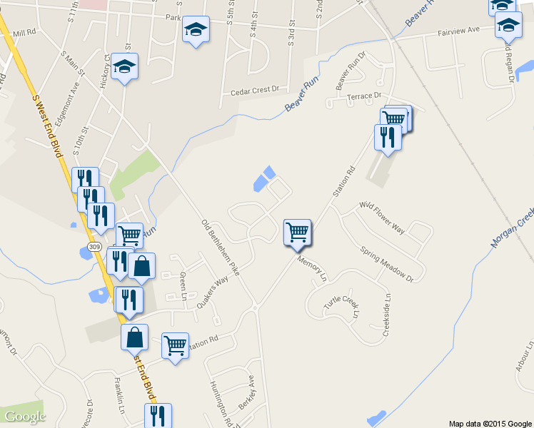 map of restaurants, bars, coffee shops, grocery stores, and more near 1372 Quakers Way in Quakertown