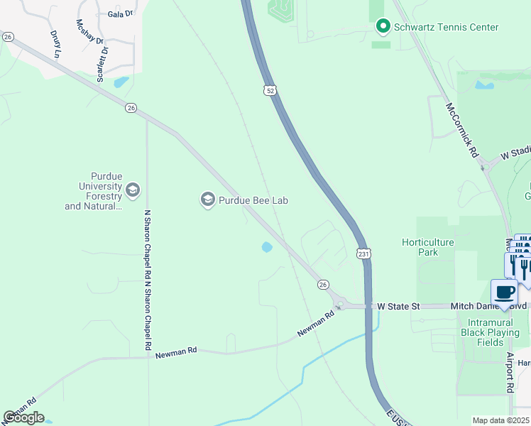 map of restaurants, bars, coffee shops, grocery stores, and more near 2175 Indiana 26 in West Lafayette