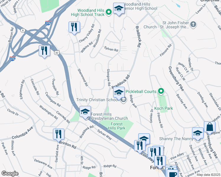 map of restaurants, bars, coffee shops, grocery stores, and more near 701 Braddock Road in Pittsburgh