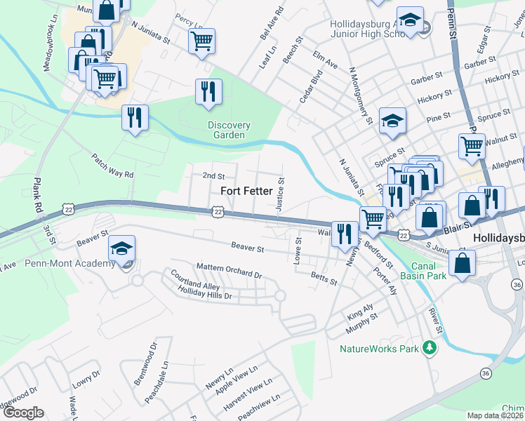 map of restaurants, bars, coffee shops, grocery stores, and more near 205 Broad Street in Hollidaysburg