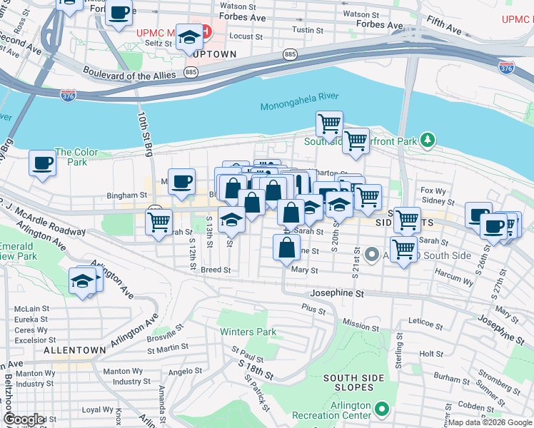 map of restaurants, bars, coffee shops, grocery stores, and more near 1715 Sarah Street in Pittsburgh