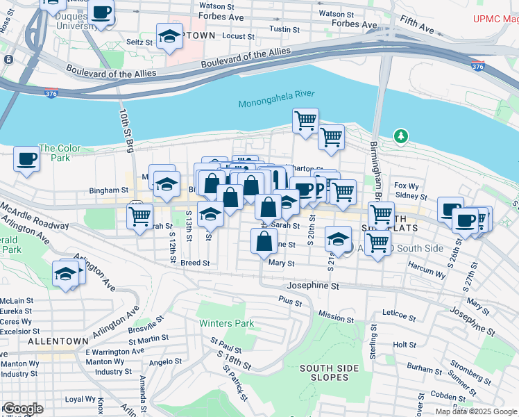 map of restaurants, bars, coffee shops, grocery stores, and more near 1715 Sarah Street in Pittsburgh