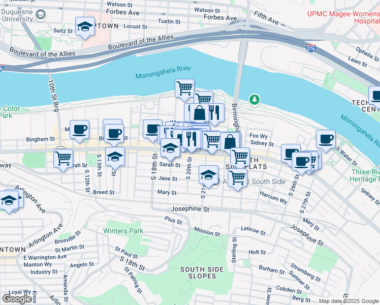 map of restaurants, bars, coffee shops, grocery stores, and more near East Carson Street & South 20th Street in Pittsburgh
