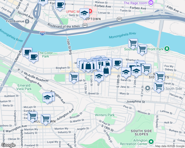 map of restaurants, bars, coffee shops, grocery stores, and more near 14TH South Commons in Pittsburgh