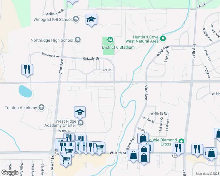 map of restaurants, bars, coffee shops, grocery stores, and more near 6607 4th Street Road in Greeley