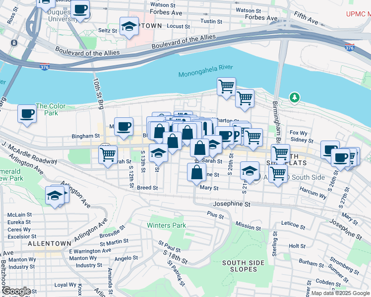 map of restaurants, bars, coffee shops, grocery stores, and more near 1715 Sarah Street in Pittsburgh