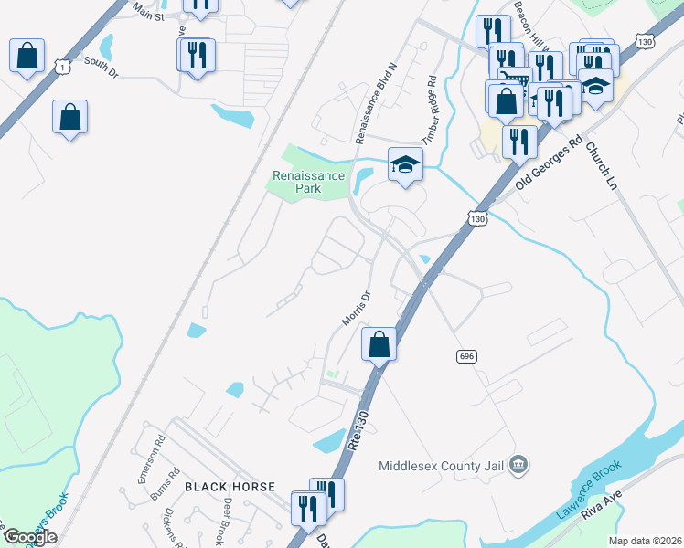 map of restaurants, bars, coffee shops, grocery stores, and more near 30 Hawthorne Road in North Brunswick Township