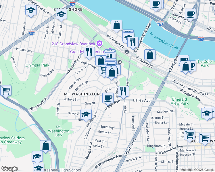 map of restaurants, bars, coffee shops, grocery stores, and more near 65 Southern Avenue in Pittsburgh