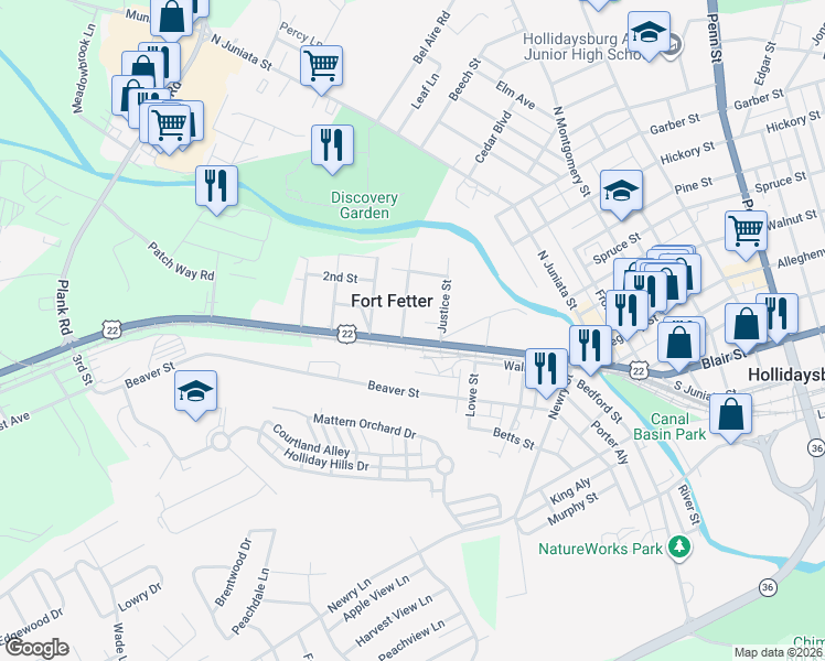 map of restaurants, bars, coffee shops, grocery stores, and more near 205 Broad Street in Hollidaysburg