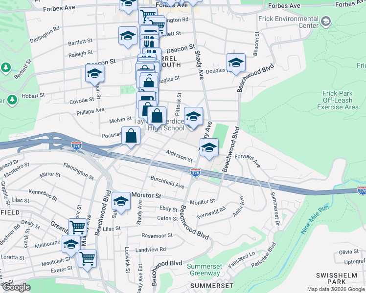 map of restaurants, bars, coffee shops, grocery stores, and more near 6355 Alderson Street in Pittsburgh