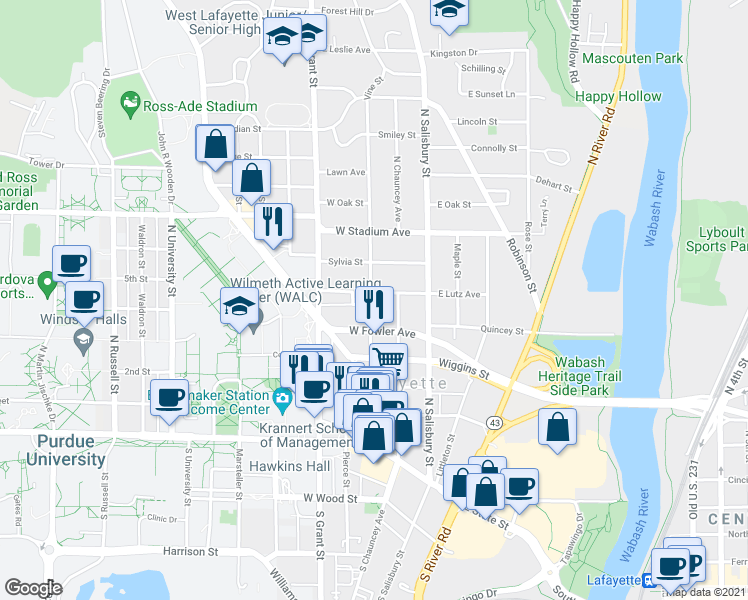 map of restaurants, bars, coffee shops, grocery stores, and more near 225 West Lutz Avenue in West Lafayette