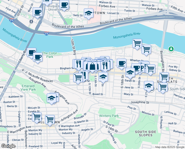 map of restaurants, bars, coffee shops, grocery stores, and more near 1212 East Carson Street in Pittsburgh