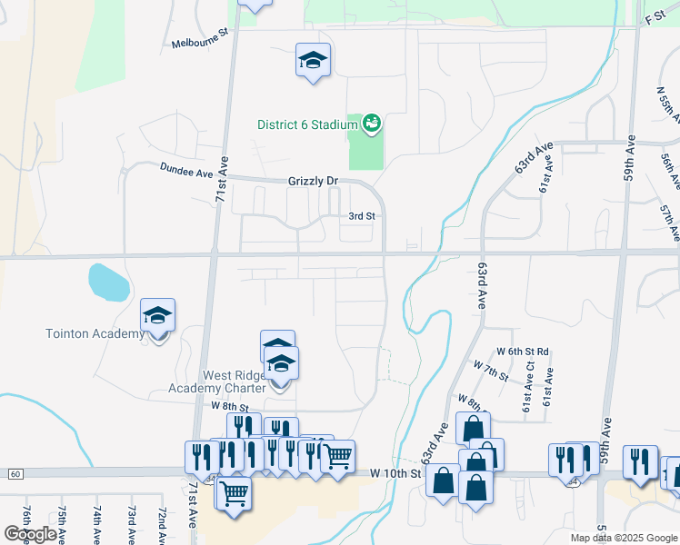 map of restaurants, bars, coffee shops, grocery stores, and more near 6607 4th Street Road in Greeley