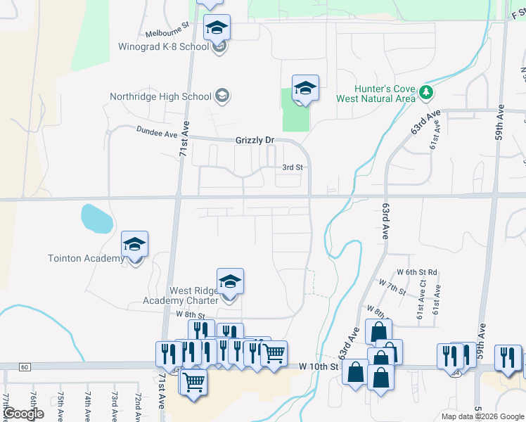 map of restaurants, bars, coffee shops, grocery stores, and more near 29 4th Street in Greeley