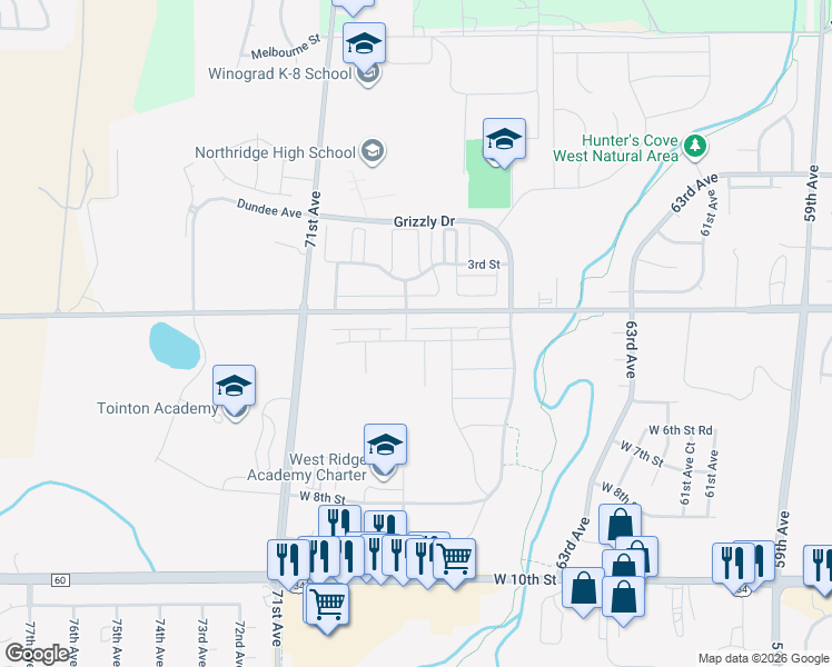 map of restaurants, bars, coffee shops, grocery stores, and more near 29 4th Street in Greeley
