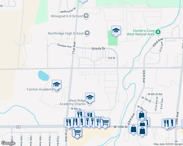 map of restaurants, bars, coffee shops, grocery stores, and more near 6860-6962 West 4th Street in Greeley
