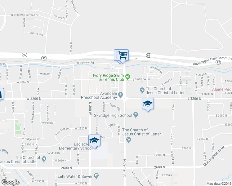 map of restaurants, bars, coffee shops, grocery stores, and more near 61 West 3200 North in Lehi