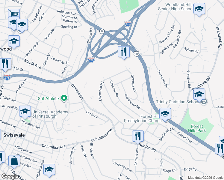 map of restaurants, bars, coffee shops, grocery stores, and more near 121 Washington Road in Pittsburgh