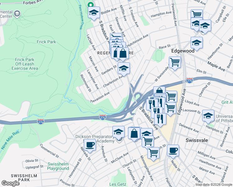 map of restaurants, bars, coffee shops, grocery stores, and more near 1416 Macon Avenue in Pittsburgh