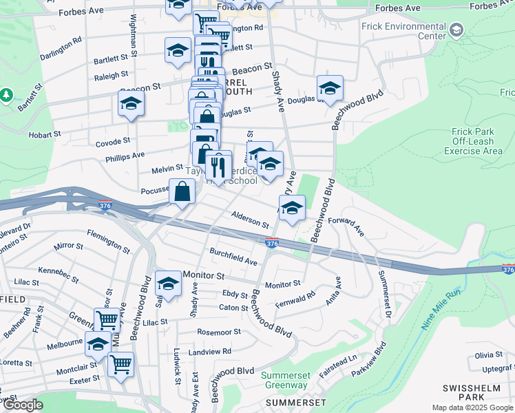 map of restaurants, bars, coffee shops, grocery stores, and more near 6355 Alderson Street in Pittsburgh