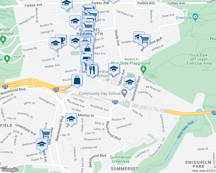 map of restaurants, bars, coffee shops, grocery stores, and more near 6355 Alderson Street in Pittsburgh