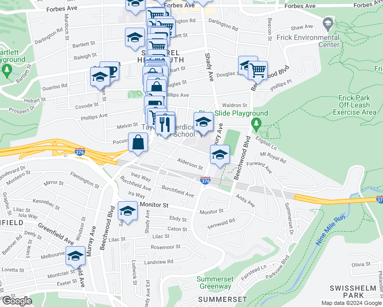 map of restaurants, bars, coffee shops, grocery stores, and more near 6355 Alderson Street in Pittsburgh
