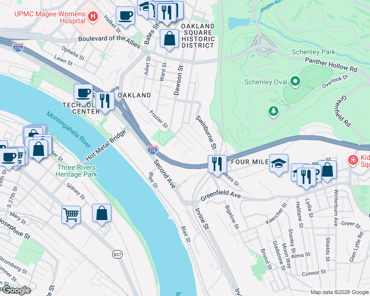 map of restaurants, bars, coffee shops, grocery stores, and more near 3154 Griffiths Street in Pittsburgh
