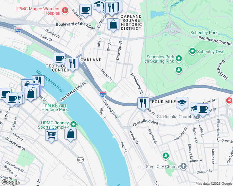 map of restaurants, bars, coffee shops, grocery stores, and more near 3136 Bohem Street in Pittsburgh