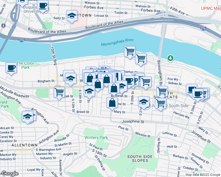 map of restaurants, bars, coffee shops, grocery stores, and more near 1715 Sarah Street in Pittsburgh