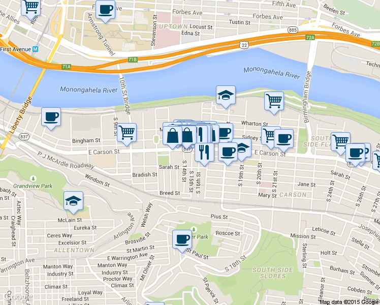 map of restaurants, bars, coffee shops, grocery stores, and more near 114 South 16th Street in Pittsburgh