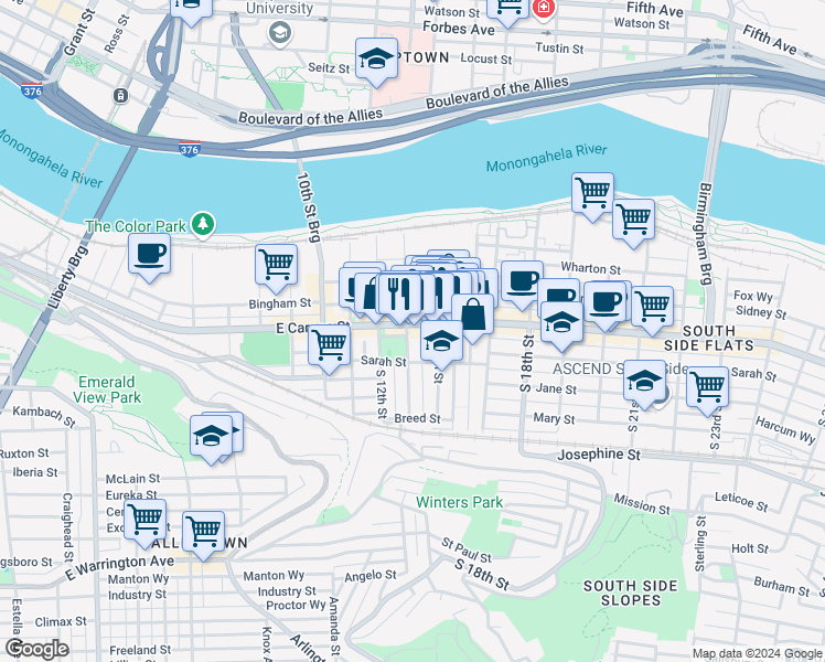 map of restaurants, bars, coffee shops, grocery stores, and more near 1317 Sarah Street in Pittsburgh