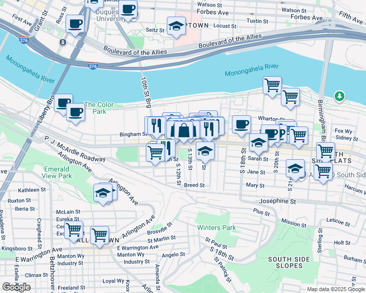 map of restaurants, bars, coffee shops, grocery stores, and more near 1212 East Carson Street in Pittsburgh
