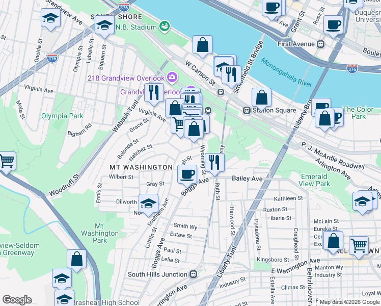 map of restaurants, bars, coffee shops, grocery stores, and more near 17 Greenbush Street in Pittsburgh