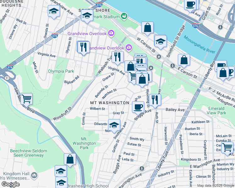 map of restaurants, bars, coffee shops, grocery stores, and more near 45 Cowan Street in Pittsburgh