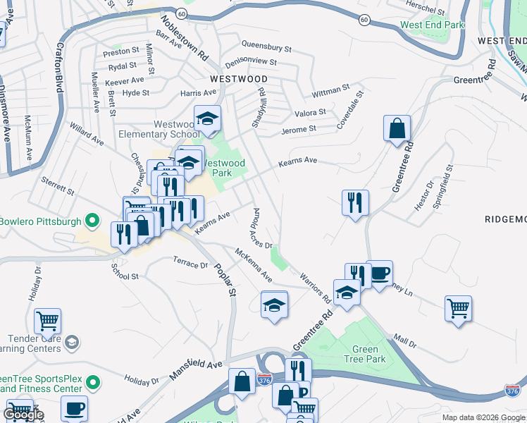 map of restaurants, bars, coffee shops, grocery stores, and more near 2006 Barbara Way in Pittsburgh