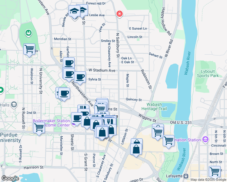 map of restaurants, bars, coffee shops, grocery stores, and more near 415 North Chauncey Avenue in West Lafayette