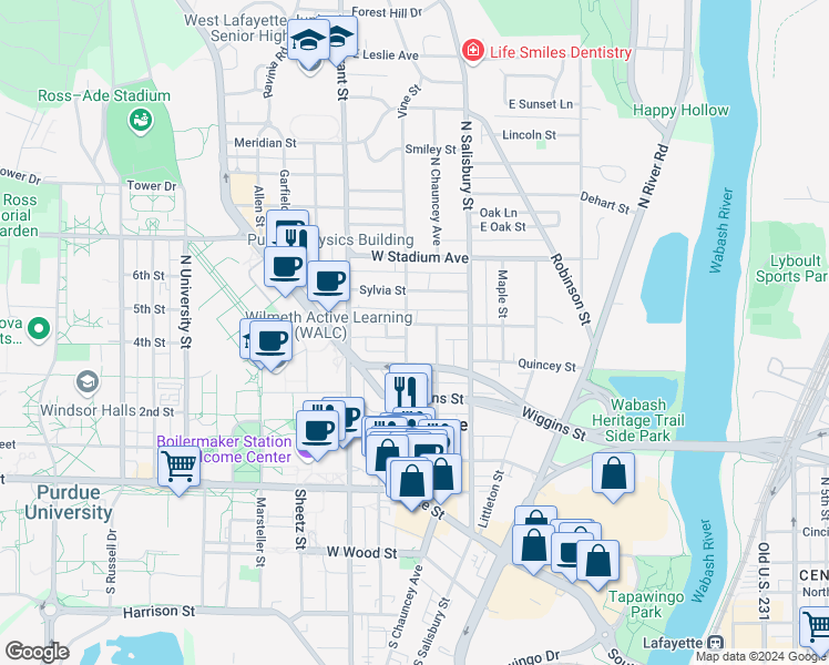 map of restaurants, bars, coffee shops, grocery stores, and more near 300 West Fowler Avenue in West Lafayette