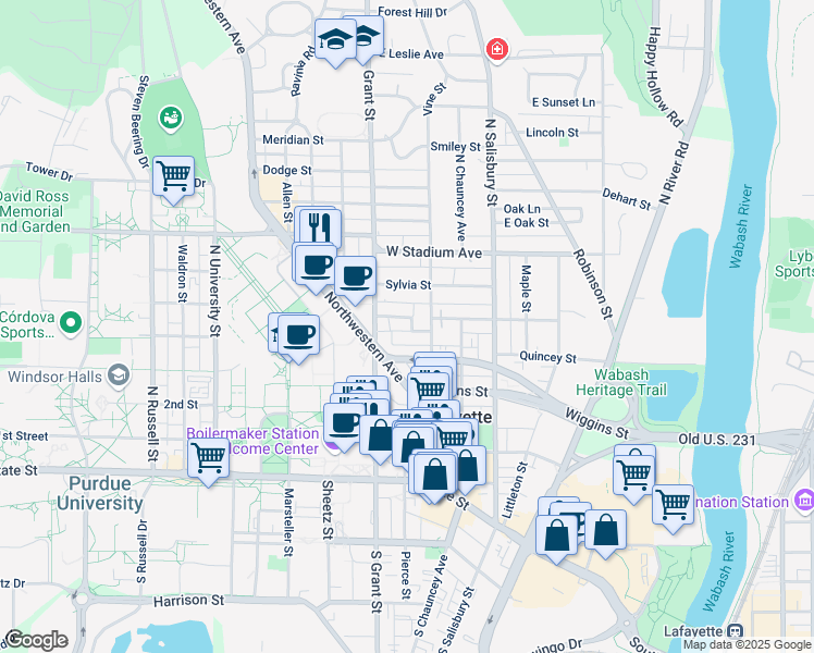 map of restaurants, bars, coffee shops, grocery stores, and more near 300 West Fowler Avenue in West Lafayette